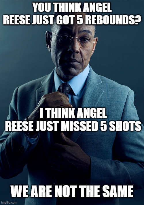 0/5 | You think angel reese just got 5 rebounds? I think angel reese just missed 5 shots; we are not the same | image tagged in gus fring we are not the same | made w/ Imgflip meme maker