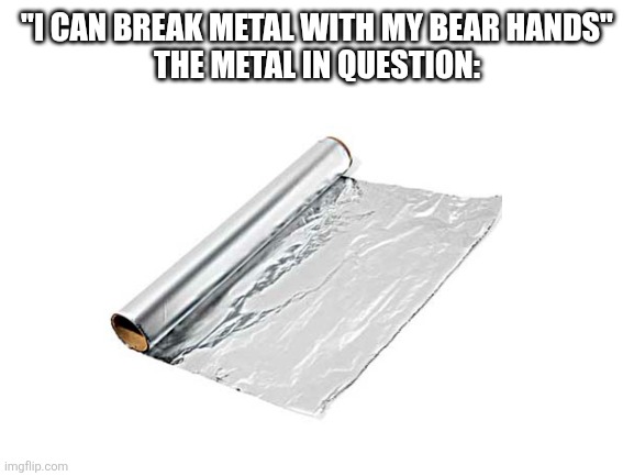 Just dont cut up hand:) | "I can break metal with my bear hands"
The metal in question: | image tagged in metal,tinfoil | made w/ Imgflip meme maker