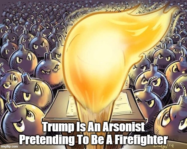Trump Is An Arsonist, Pretending To Be... | Trump Is An Arsonist Pretending To Be A Firefighter | image tagged in trump,arsonist,firefighter | made w/ Imgflip meme maker