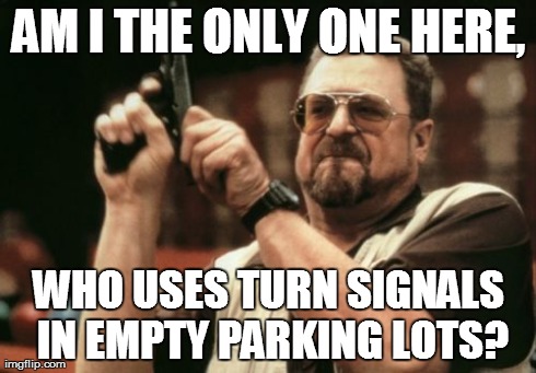 Am I The Only One Around Here Meme | AM I THE ONLY ONE HERE, WHO USES TURN SIGNALS IN EMPTY PARKING LOTS? | image tagged in memes,am i the only one around here | made w/ Imgflip meme maker