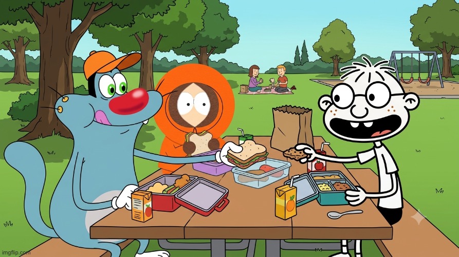 Some thing with Oggy sharing lunch again lol | image tagged in oggy kenny and fregley share lunch 3 | made w/ Imgflip meme maker