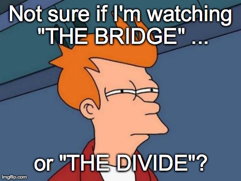 Futurama Fry | Not sure if I'm watching "THE BRIDGE" ... or "THE DIVIDE"? | image tagged in memes,futurama fry | made w/ Imgflip meme maker