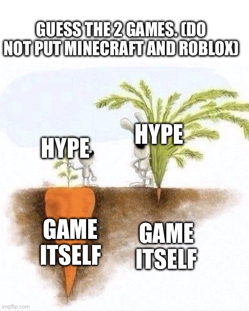 Guess the games | Guess the 2 games. (Do not put minecraft and roblox); Hype; Hype; Game itself; Game itself | image tagged in big carrot small carrot | made w/ Imgflip meme maker