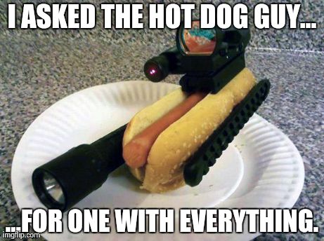 I ASKED THE HOT DOG GUY... ...FOR ONE WITH EVERYTHING. | image tagged in tactial hotdogy | made w/ Imgflip meme maker