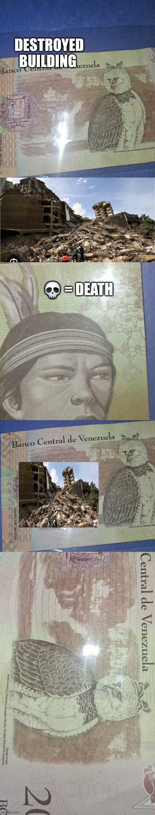 Venezuela earthquake destruction revealed on there money ! | Destroyed building; 💀 = death | image tagged in wtf,decode | made w/ Imgflip meme maker