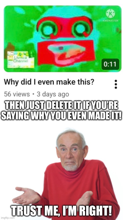I’m serious, friend. | THEN JUST DELETE IT IF YOU’RE SAYING WHY YOU EVEN MADE IT! TRUST ME, I’M RIGHT! | image tagged in guess i'll die,youtube,advice,good advice,do you trust me,why are you booing me i'm right | made w/ Imgflip meme maker