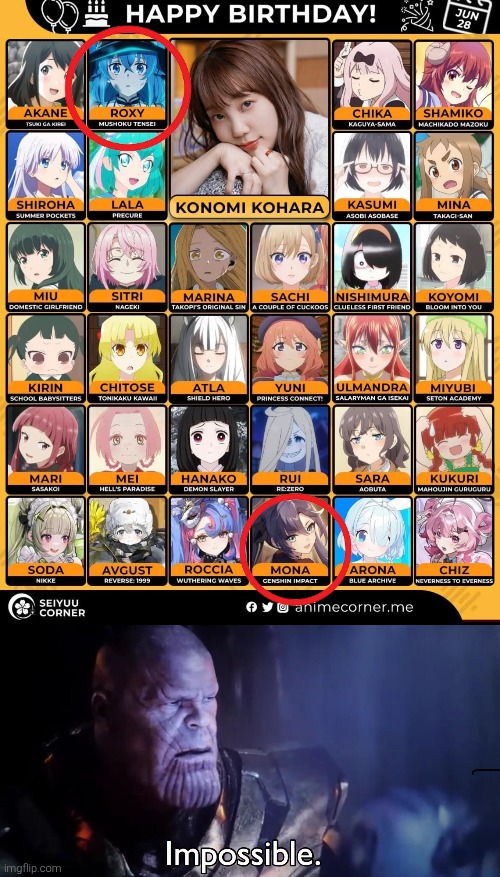 Now i see why Mona wield Water Vision. | image tagged in thanos impossible,genshin impact,mushoku tensei,same voice actor | made w/ Imgflip meme maker