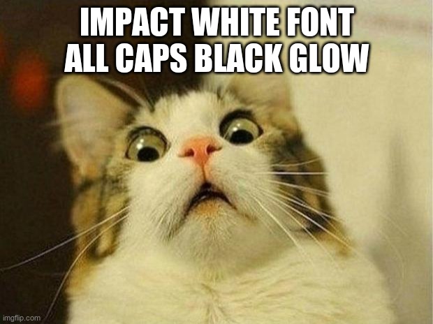 IMPACT WHITE FONT ALL CAPS BLACK GLOW | image tagged in memes,scared cat | made w/ Imgflip meme maker