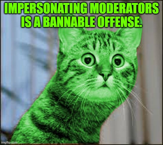 RayCat WTF | impersonating moderators is a bannable offense. | image tagged in raycat wtf | made w/ Imgflip meme maker