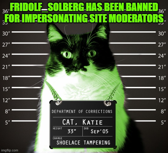 Fridolf_Solberg has been banned for impersonating site moderators | image tagged in raycat incarcerated | made w/ Imgflip meme maker