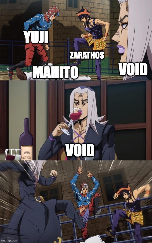 Abbacchio Joins the Kicking | yuji; zarathos; void; mahito; void | image tagged in abbacchio joins the kicking,death battle,jujutsu kaisen,ghost rider | made w/ Imgflip meme maker