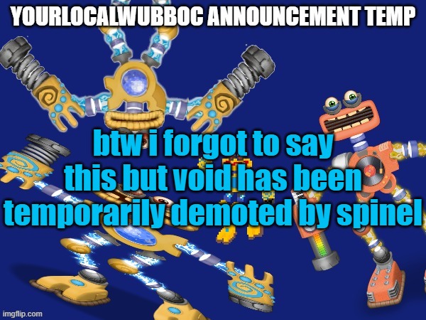 YourLocalWubboc Announcement Temp | btw i forgot to say this but void has been temporarily demoted by spinel | image tagged in yourlocalwubboc announcement temp | made w/ Imgflip meme maker