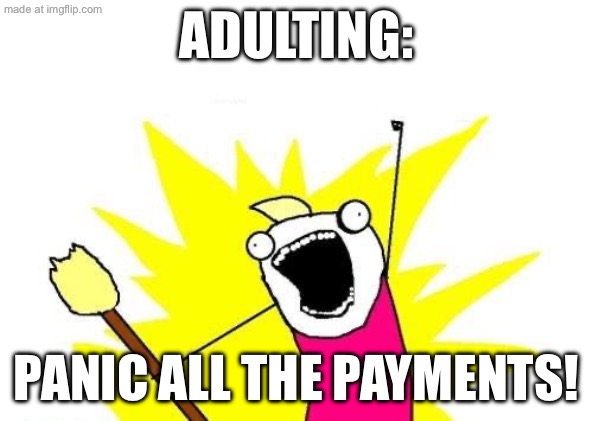 ADULTING:; PANIC ALL THE PAYMENTS! | ADULTING:; PANIC ALL THE PAYMENTS! | image tagged in memes,x all the y,adulting,adult,panic,pay | made w/ Imgflip meme maker