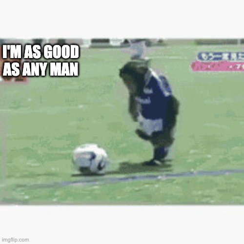Monkey football | I'm as good as any man | image tagged in monkey-football gif | made w/ Imgflip meme maker