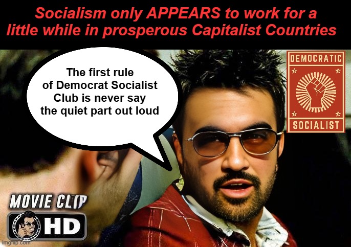 Brad Pitt couldn't have said it better | Socialism only APPEARS to work for a little while in prosperous Capitalist Countries; The first rule of Democrat Socialist Club is never say the quiet part out loud | image tagged in mamdani fight club meme | made w/ Imgflip meme maker