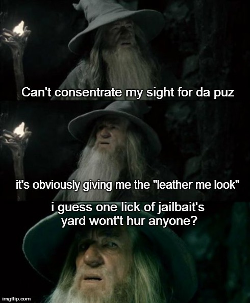 Leathernessies | i guess one lick of jailbait's yard wont't hur anyone? it's obviously giving me the "leather me look" Can't consentrate my sight for da puz | image tagged in memes,confused gandalf | made w/ Imgflip meme maker