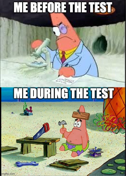 PAtrick, Smart Dumb | ME before the test; me during the test | image tagged in patrick smart dumb | made w/ Imgflip meme maker
