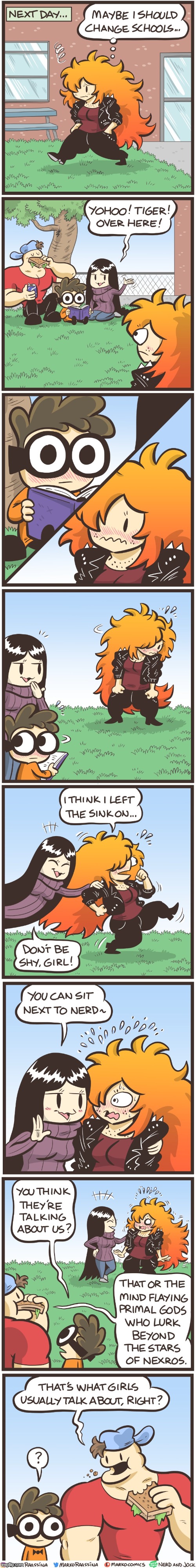 image tagged in nerd,jock,olga,tiger,talking,conversation | made w/ Imgflip meme maker