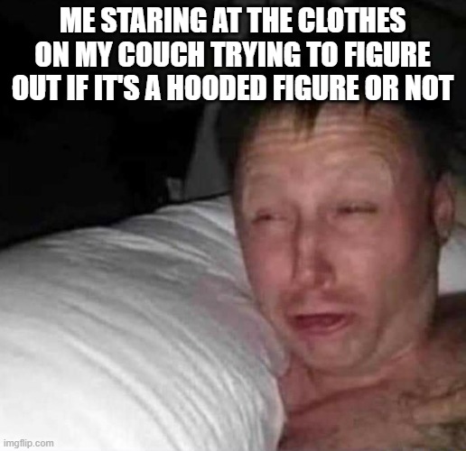 Sleepy guy | Me staring at the clothes on my couch trying to figure out if it's a hooded figure or not | image tagged in sleepy guy | made w/ Imgflip meme maker