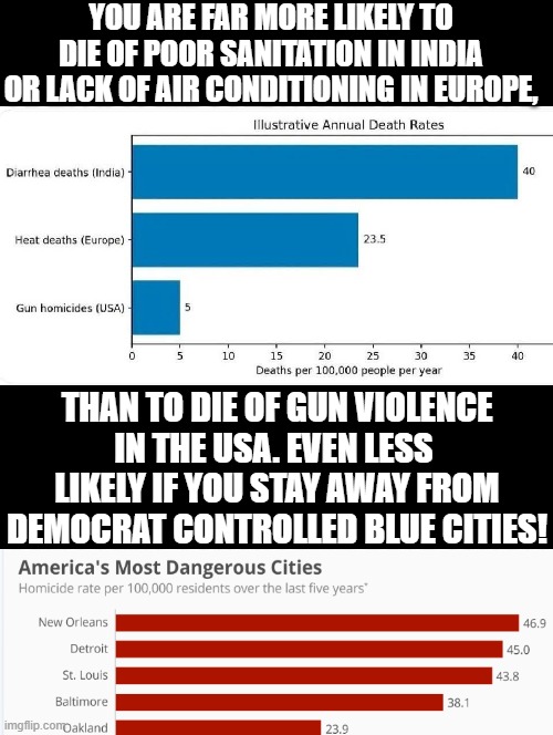 My advice to you! Stay away from idiotic Democrat cities that vote blue! | You are far more likely to die of poor sanitation in India or lack of air conditioning in Europe, than to die of gun violence in the USA. Even less  likely if you stay away from Democrat controlled blue cities! | image tagged in idiots | made w/ Imgflip meme maker