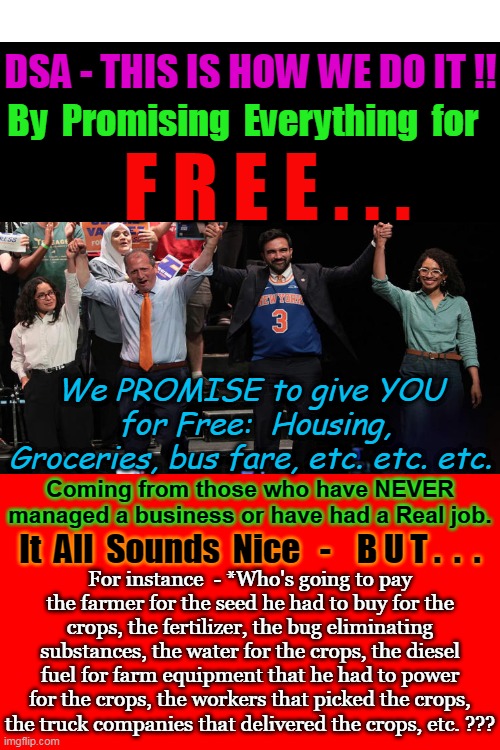 HOW DID FIDEL CASTRO DO IT IN THE 1950's ??   Hmmmm . . . | DSA - This is how we do it !! By  Promising  Everything  for; F R E E . . . We PROMISE to give YOU  for Free:  Housing, Groceries, bus fare, etc. etc. etc. Coming from those who have NEVER managed a business or have had a Real job. It  All  Sounds  Nice   -    B U T .  .  . For instance  - *Who's going to pay the farmer for the seed he had to buy for the crops, the fertilizer, the bug eliminating substances, the water for the crops, the diesel fuel for farm equipment that he had to power for the crops, the workers that picked the crops, the truck companies that delivered the crops, etc. ??? | image tagged in democratic socialism,communism,communist socialist,fidel castro,those bastards lied to me,thanks for nothing | made w/ Imgflip meme maker
