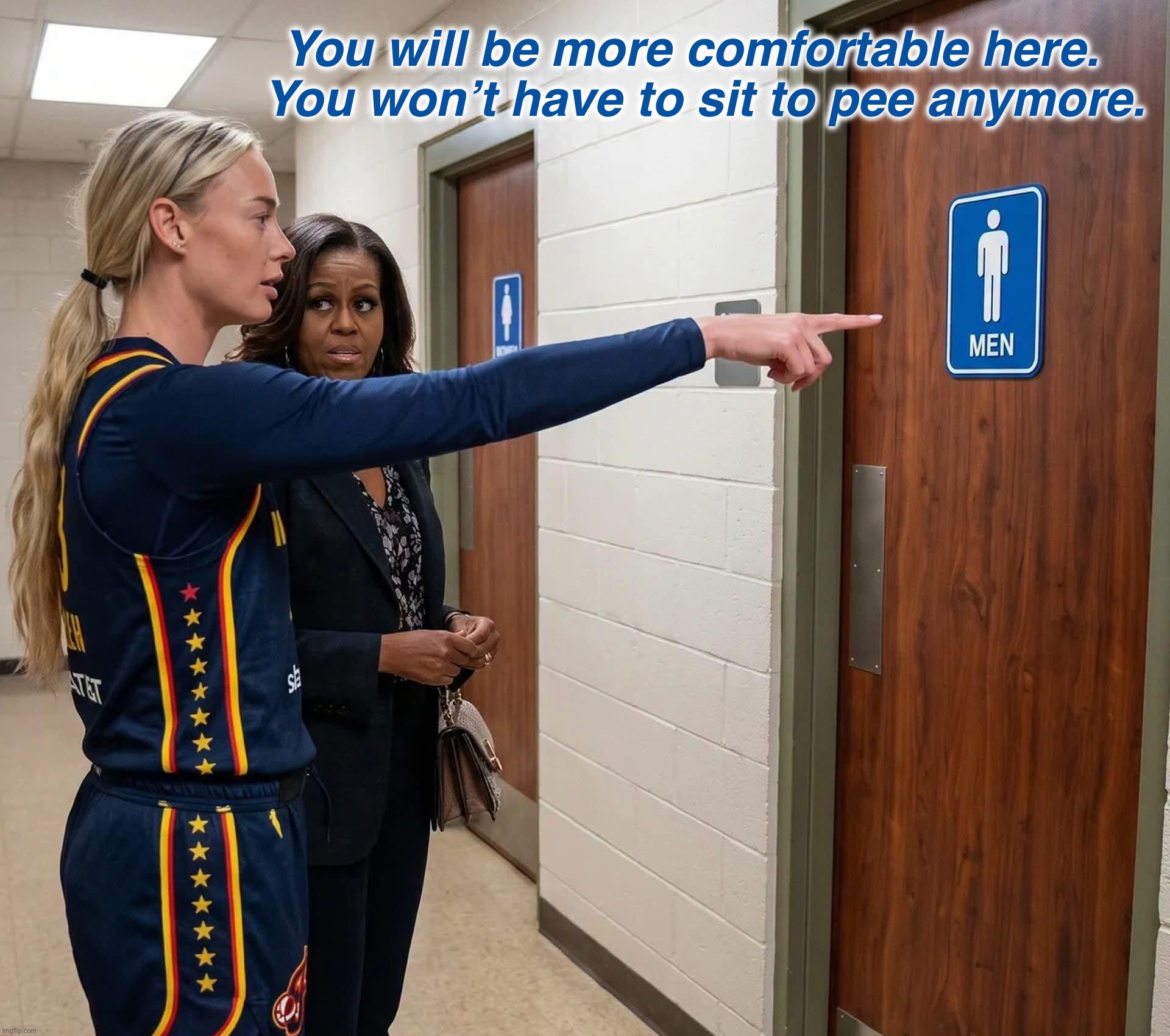 Barry will be so proud | You will be more comfortable here.  
You won’t have to sit to pee anymore. | image tagged in sophie and mike | made w/ Imgflip meme maker
