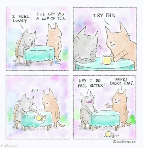 Cats just do that to feel better | image tagged in comics,cats,tea,knocking over | made w/ Imgflip meme maker