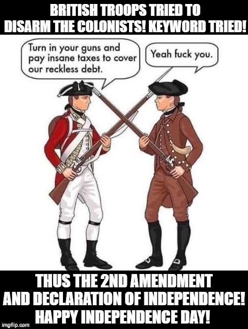 Thus, the 2nd Amendment!!!! | British Troops tried to disarm the colonists! Keyword tried! Thus the 2nd Amendment and Declaration of independence! Happy Independence Day! | image tagged in 2nd amendment | made w/ Imgflip meme maker