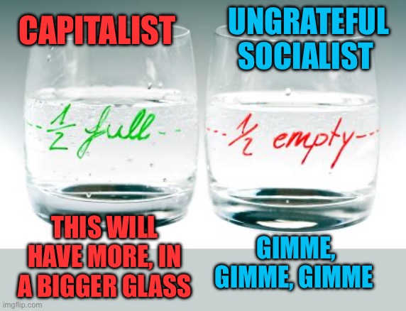 Ungrateful Socialist Democrats | Ungrateful Socialist; Capitalist; This will have more, in a bigger glass; Gimme, gimme, gimme | image tagged in half full or half empty,democrats,communist socialist,democratic socialism,selfish | made w/ Imgflip meme maker