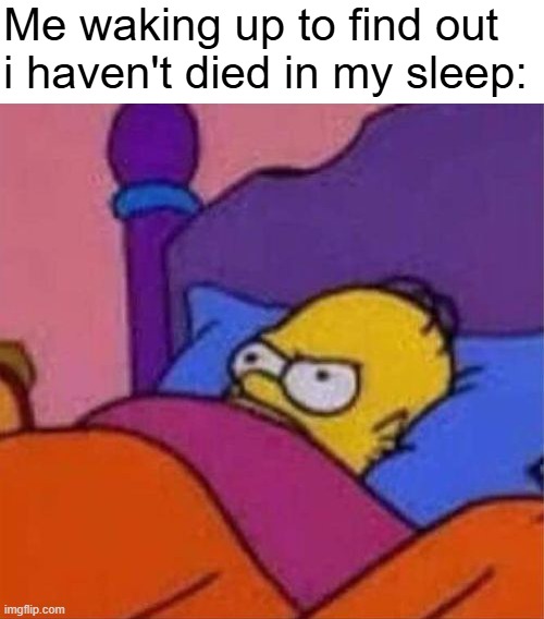 This is satire | Me waking up to find out i haven't died in my sleep: | image tagged in memes,funny,relatable,angry homer simpson in bed | made w/ Imgflip meme maker