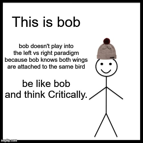 Be like Bob | This is bob; bob doesn't play into the left vs right paradigm because bob knows both wings are attached to the same bird; be like bob and think Critically. | image tagged in memes,be like bill,bird,republican,democrats | made w/ Imgflip meme maker