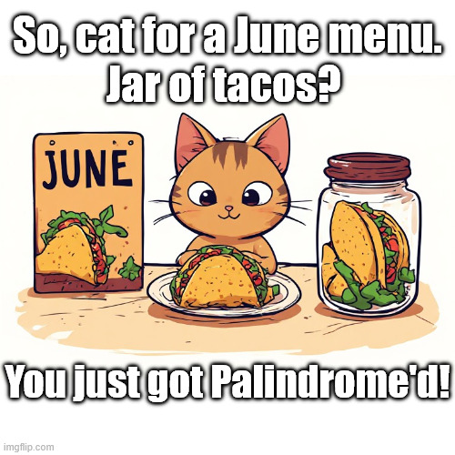 Taco Cat? | So, cat for a June menu. Jar of tacos? You just got Palindrome'd! | image tagged in funny meme,palindrome,tacos,cats,taco,cat | made w/ Imgflip meme maker