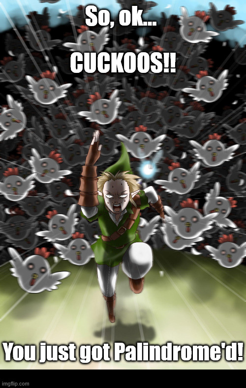 Do not touch the Cuccos. | So, ok... CUCKOOS!! You just got Palindrome'd! | image tagged in funny meme,palindrome,the legend of zelda,link,cuckoo,chicken | made w/ Imgflip meme maker