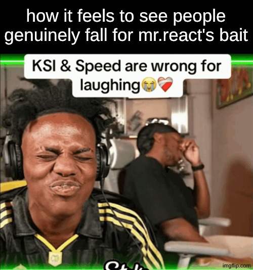 quick question btw. is he a troll or a bot? | how it feels to see people genuinely fall for mr.react's bait | image tagged in ksi and speed are wrong for laughing | made w/ Imgflip meme maker
