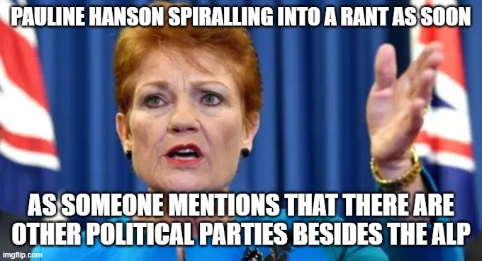 Pauline Hanson spiralling into a fit | Pauline Hanson spiralling into a rant as soon; as someone mentions that there are other political parties besides the ALP | image tagged in pauline hanson angry | made w/ Imgflip meme maker
