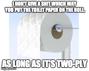 I DON'T GIVE A SHIT WHICH WAY YOU PUT THE TOILET PAPER ON THE ROLL, AS LONG AS IT'S TWO-PLY | made w/ Imgflip meme maker