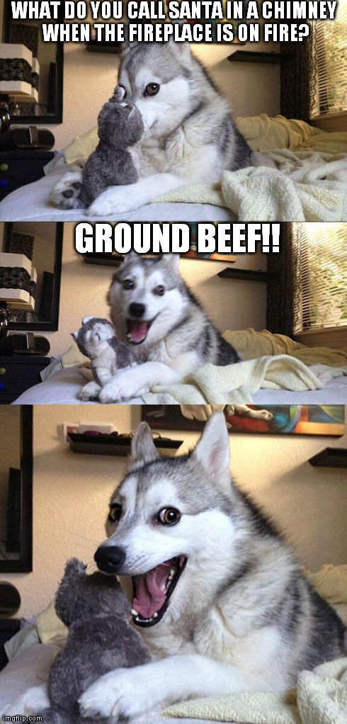 Bad Pun Dog Meme | WHAT DO YOU CALL SANTA IN A CHIMNEY WHEN THE FIREPLACE IS ON FIRE? GROUND BEEF!! | image tagged in memes,bad pun dog | made w/ Imgflip meme maker