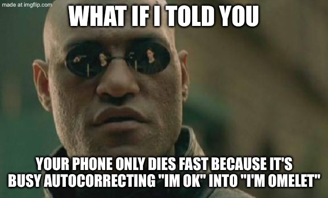 WHAT IF I TOLD YOU; YOUR PHONE ONLY DIES FAST BECAUSE IT'S BUSY AUTOCORRECTING "IM OK" INTO "I'M OMELET" | WHAT IF I TOLD YOU; YOUR PHONE ONLY DIES FAST BECAUSE IT'S BUSY AUTOCORRECTING "IM OK" INTO "I'M OMELET" | image tagged in memes,matrix morpheus,eggs,phone,battery,autocorrect | made w/ Imgflip meme maker