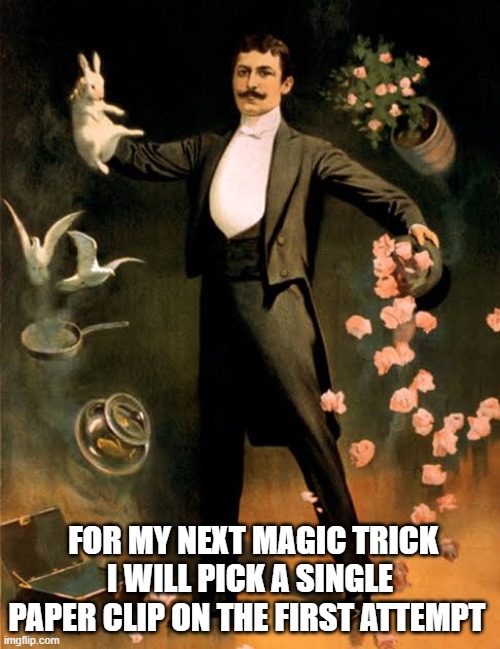 for my next magic trick | for my next magic trick I will pick a single paper clip on the first attempt | image tagged in magic trick | made w/ Imgflip meme maker