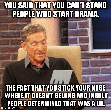 Maury Lie Detector | YOU SAID THAT YOU CAN'T STAND PEOPLE WHO START DRAMA,  THE FACT THAT YOU STICK YOUR NOSE WHERE IT DOESN'T BELONG AND INSULT PEOPLE DETERMINE | image tagged in memes,maury lie detector | made w/ Imgflip meme maker