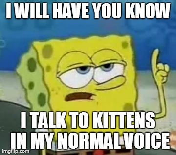 I'll Have You Know Spongebob Meme | I WILL HAVE YOU KNOW I TALK TO KITTENS IN MY NORMAL VOICE | image tagged in memes,ill have you know spongebob | made w/ Imgflip meme maker