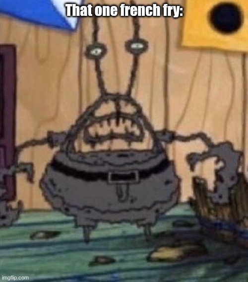 crispy | That one french fry: | image tagged in incinerated mr krabs,mr krabs,french fry,fries | made w/ Imgflip meme maker