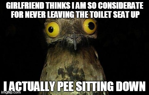 Weird Stuff I Do Potoo Meme | GIRLFRIEND THINKS I AM SO CONSIDERATE FOR NEVER LEAVING THE TOILET SEAT UP I ACTUALLY PEE SITTING DOWN | image tagged in memes,weird stuff i do potoo,AdviceAnimals | made w/ Imgflip meme maker