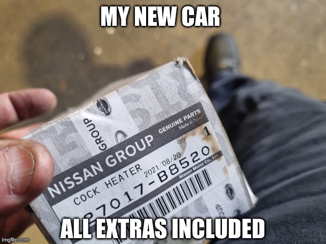 Cock Heater? | My New Car; All extras included | image tagged in img_4514 jpeg,cock,heat,nissan,warm | made w/ Imgflip meme maker