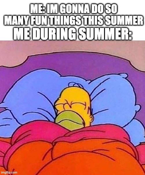 Homer Simpson sleeping peacefully | Me: im gonna do so many fun things this summer; me during summer: | image tagged in homer simpson sleeping peacefully | made w/ Imgflip meme maker