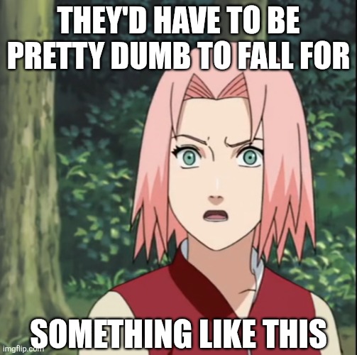 Puzzled Sakura Haruno | THEY'D HAVE TO BE PRETTY DUMB TO FALL FOR SOMETHING LIKE THIS | image tagged in puzzled sakura haruno | made w/ Imgflip meme maker