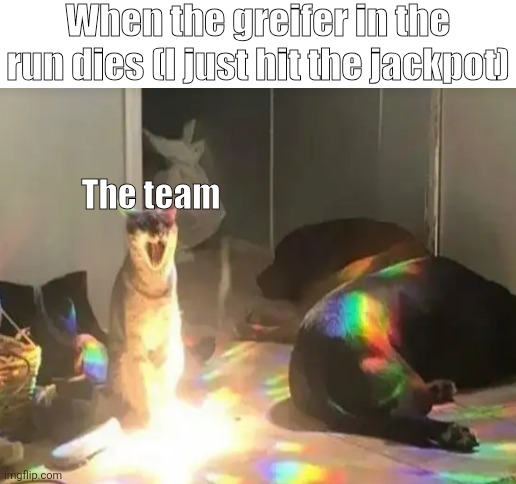 THE BEST FEELING EVER AUUUUAUAHHSJWJAFTS5GRS | When the greifer in the run dies (I just hit the jackpot); The team | image tagged in sorry 4 not posting me is busy busy busy | made w/ Imgflip meme maker