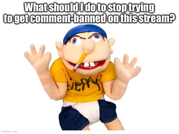 Don’t want to get comment-banned, please help me. | What should I do to stop trying to get comment-banned on this stream? | image tagged in jeffy,fear | made w/ Imgflip meme maker