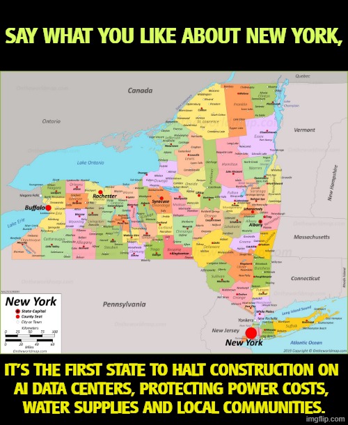 Big AI is not going to walk all over New Yorkers. | Say what you like about New York, it's the first state to halt construction on 
AI data centers, protecting power costs, 
water supplies and local communities. | image tagged in new york state,ai,data,construction,electricity,water | made w/ Imgflip meme maker