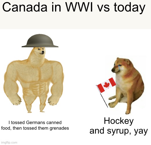 No offense to Canadians | Canada in WWI vs today; I tossed Germans canned food, then tossed them grenades; Hockey and syrup, yay | image tagged in memes,buff doge vs cheems | made w/ Imgflip meme maker